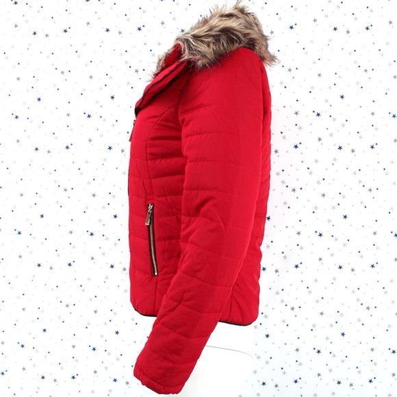 Removable Faux Fur Collar Puffer Jacket Red - Picture 5 of 8